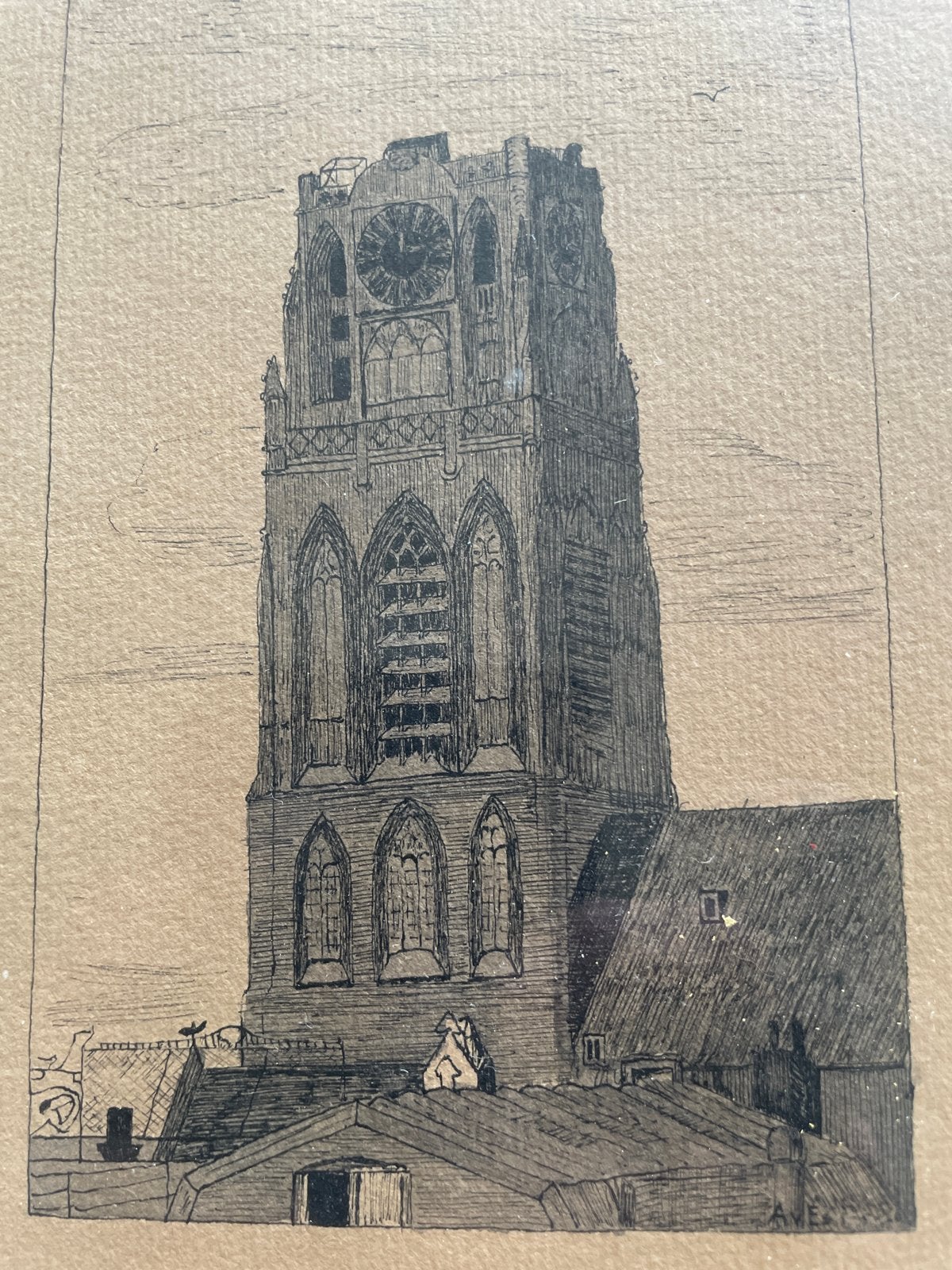 Antieke Ets van de Laurenskerk in Rotterdam, Ets, Stadsgezicht, Ophalen of Verzenden, Origineel