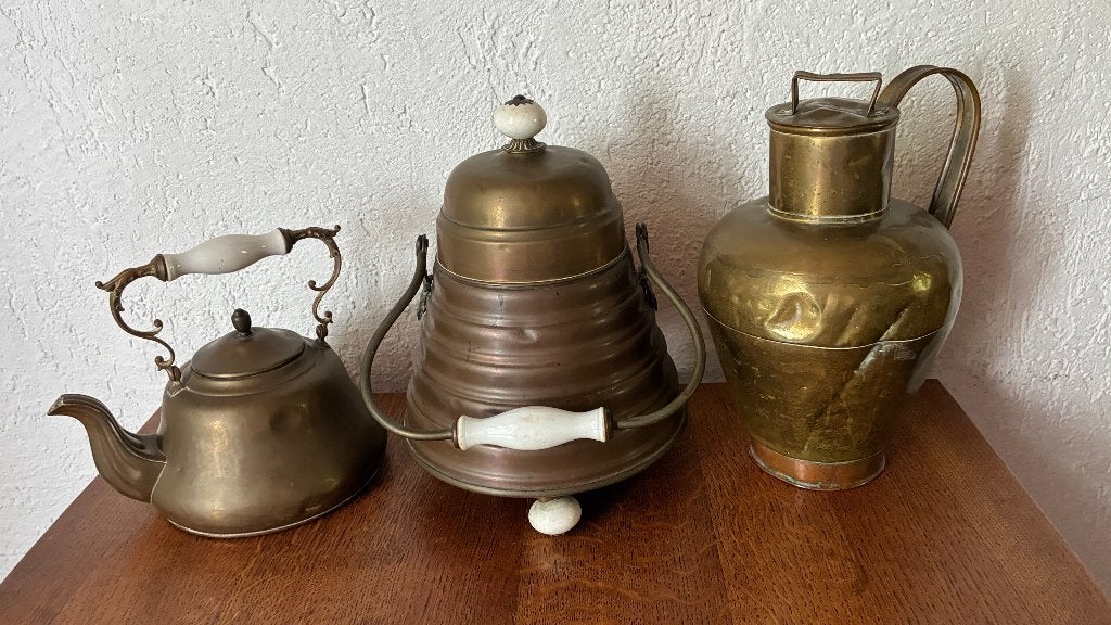 3x Antieke koperen messing theeketel doofpot melkkan, Ophalen, Koper