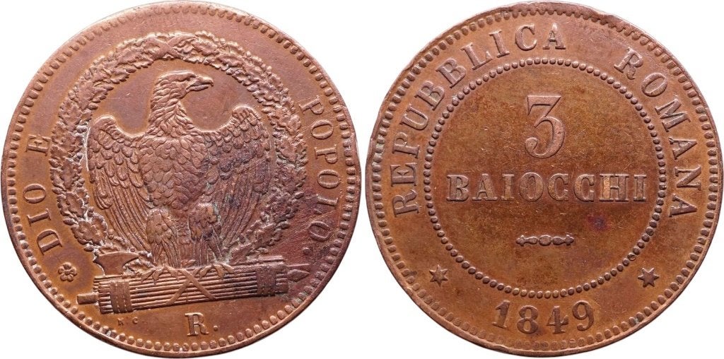 3 Baiocchi 1849, Romeinse Republiek Rome, Verzenden, Italië, Losse munt