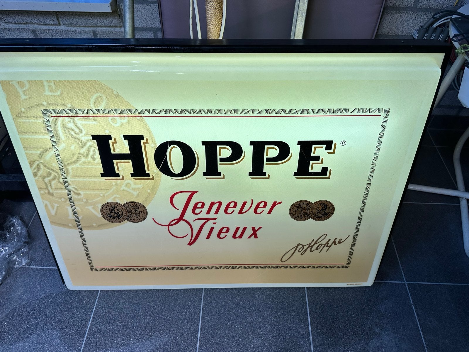 Hoppe Jenever & Vieux Lichtbak Dubbelzijdig & Werkend!, Ophalen, Gebruikt, Lichtbak of (neon) lamp