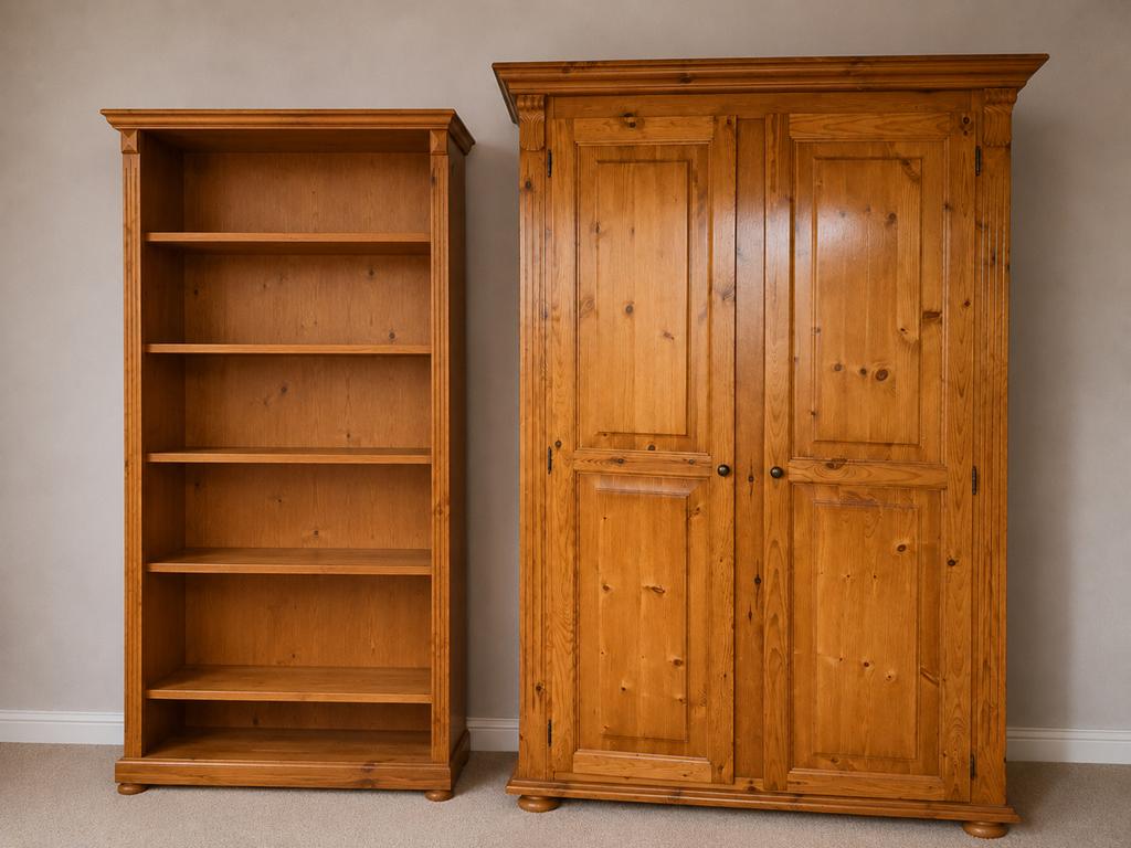 Boekenkast en kledingkast van hout, Ophalen, Gebruikt, 100 tot 150 cm, 200 cm of meer