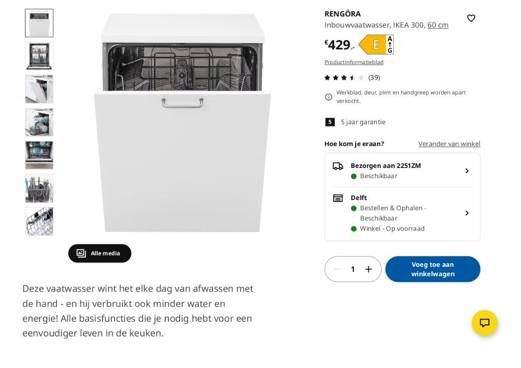 Inbouw vaatwasmachine Ikea Rengöra 60 cm., Ophalen, Gebruikt, Minder dan 85 cm, Inbouw