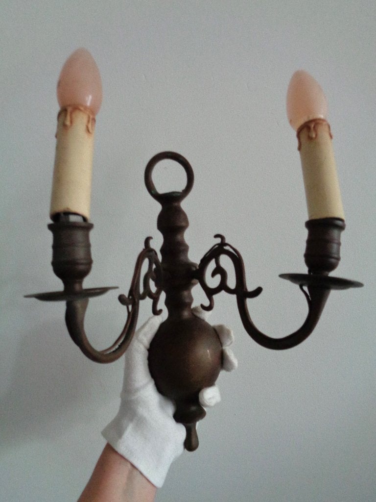 Antieke koperen kroonluchter met 2 armen, wandlamp, Huis en Inrichting, Ophalen of Verzenden, Gebruikt, Kroonluchter
