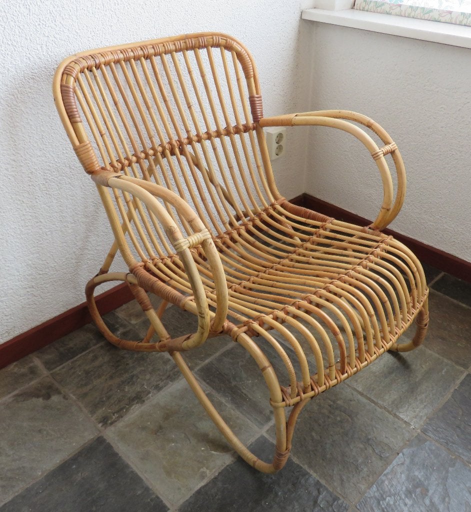 Vintage rotan lounge stoel fauteuil Rohé Noordwolde RB-2, Ophalen, Gebruikt, Bruin, Vintage