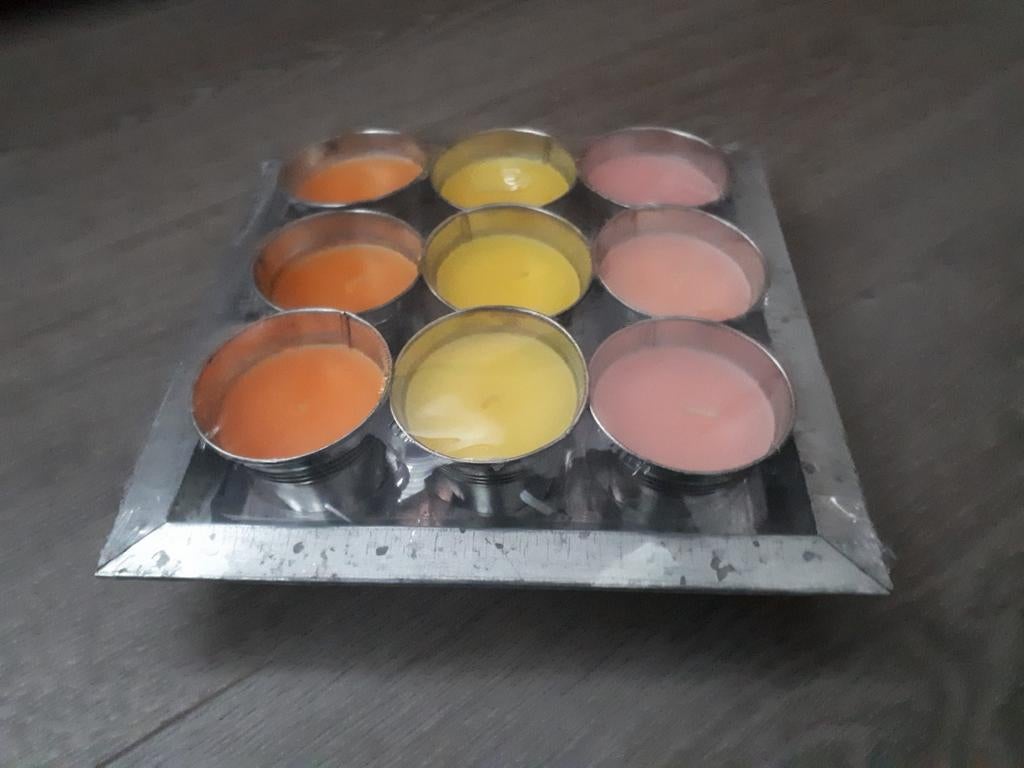 Metalen tray met 9 kaarsjes in emmertjes, Ophalen of Verzenden, Nieuw, Metaal, Kaars