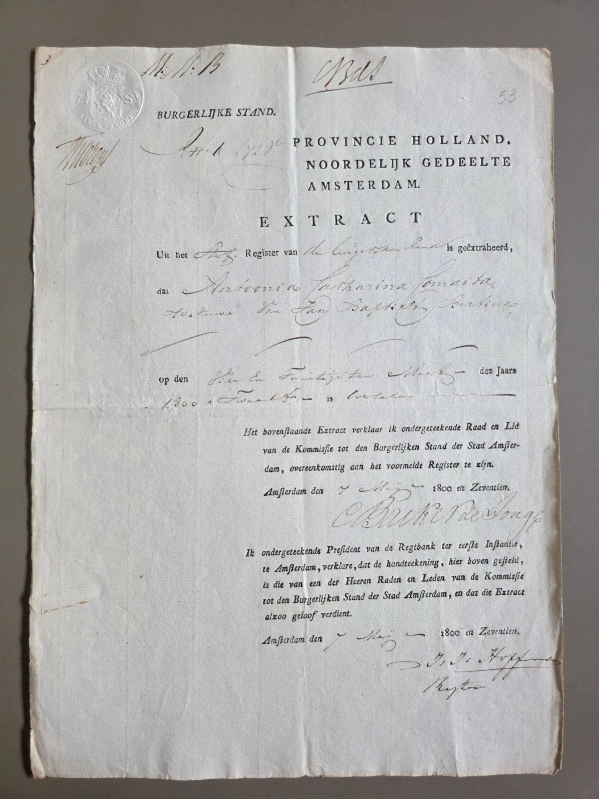 046) ANTIEK EXTRACT PROVINCIE HOLLAND AMSTERDAM 1817 FISCAAL, Verzenden, Voor 1920