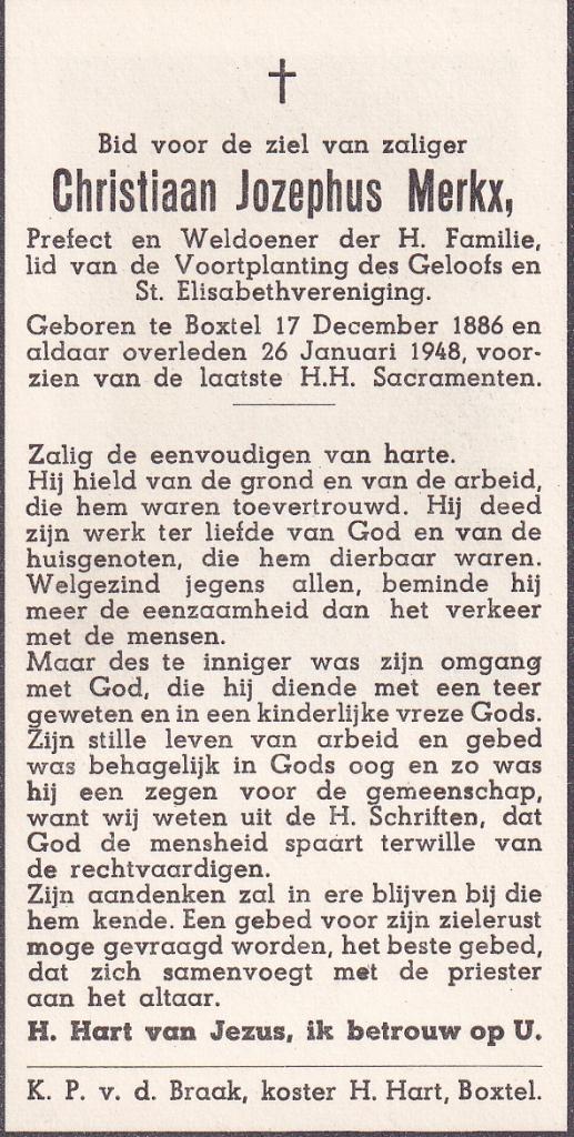 Merkx Christiaan 1886 Boxtel 1948, Ophalen of Verzenden, Bidprentje