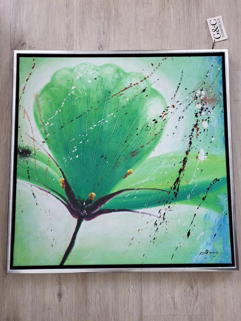 Modern schilderij met groene bloem en spetters, Antiek en Kunst, Ophalen