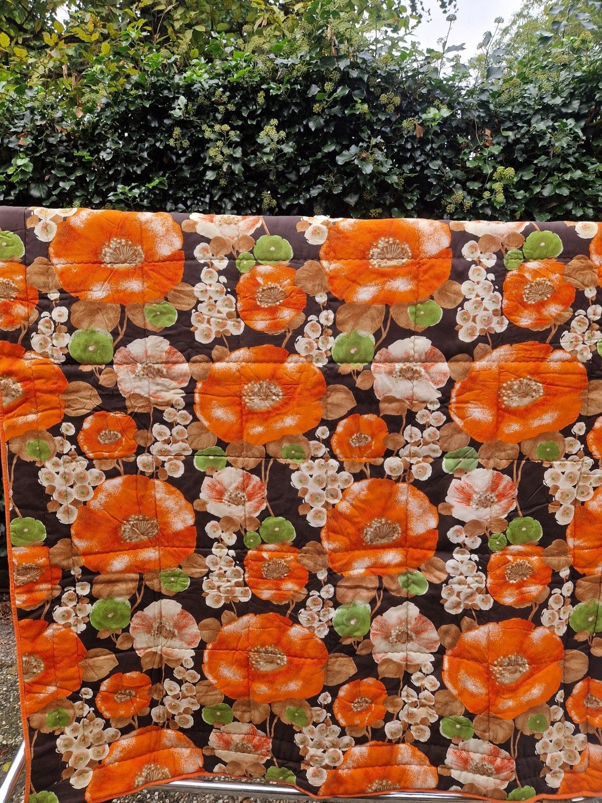 Vintage Syntilon Dekbed met Oranje Bloemenpatroon, Ophalen of Verzenden