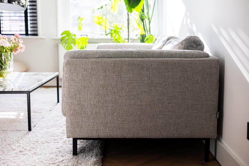 Woood bank - geweven zandkleur stof - 235x90x60, Driepersoons, 75 tot 100 cm, Zo goed als nieuw, Rechte bank