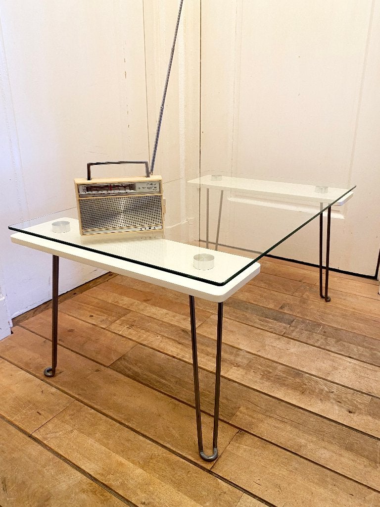 Vintage Space Age salontafel/glas/metaal/wit/60s/70s, Ophalen, Gebruikt, 50 tot 100 cm, 50 tot 100 cm