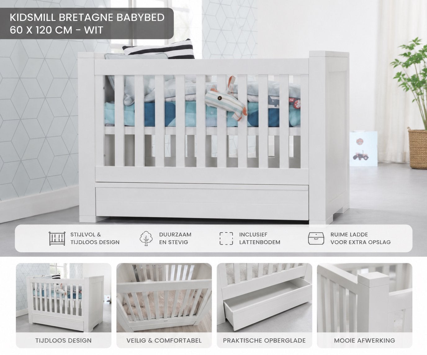 Kidsmill Bretagne Babybed Wit 60 x 120 cm met lade, 70 tot 85 cm, Zo goed als nieuw, Lattenbodem, 140 tot 160 cm