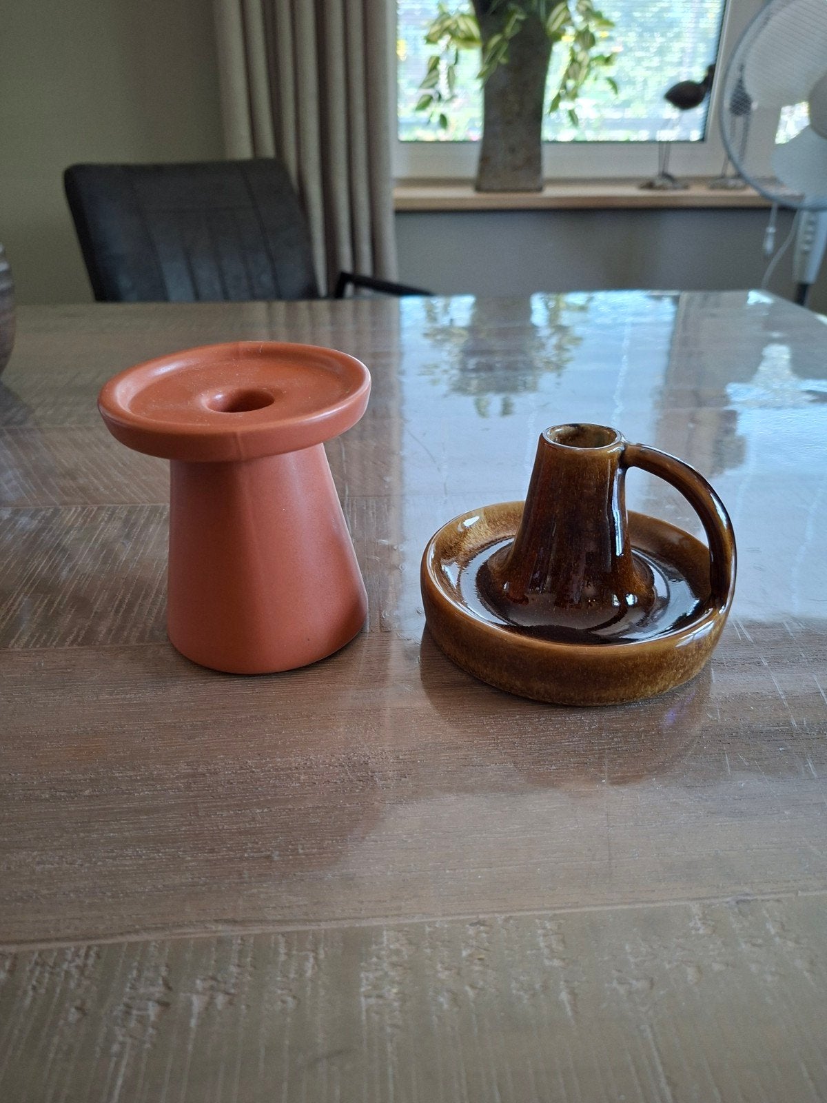 Set van 2 kaarshouders - terracotta en bruin geglazuurd, Gebruikt, Meerkleurig, Overige merken, Ophalen of Verzenden