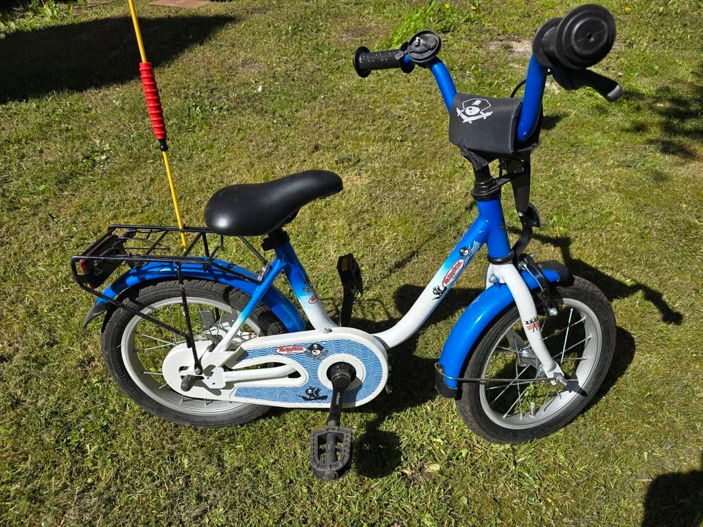 Kinderfiets 10 inch - Blauw/Wit + vlag betere zichtbaarheid, Ophalen of Verzenden, Gebruikt, Velgrem, Minder dan 16 inch