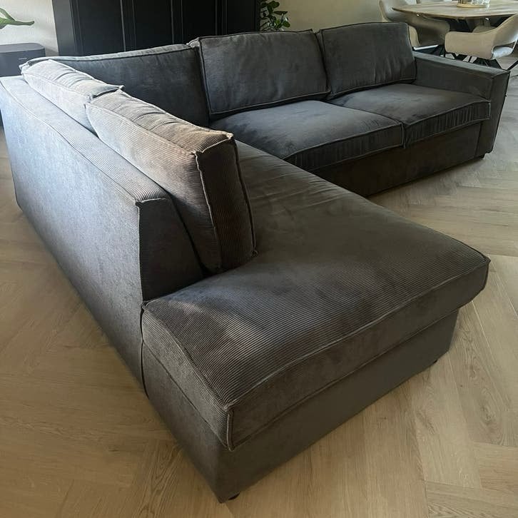 WOOOD Thomas hoekbank donkergrijs ribstof – hoek links, Ophalen, 250 tot 300 cm, Hoekbank, Zo goed als nieuw