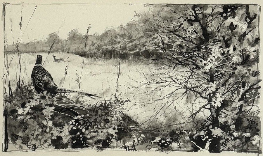 1098. Aquarel, Rien Poortvliet – fazant en hert,  20e eeuw, Antiek en Kunst, Ophalen of Verzenden, Achter glas, Aquarel, Dieren