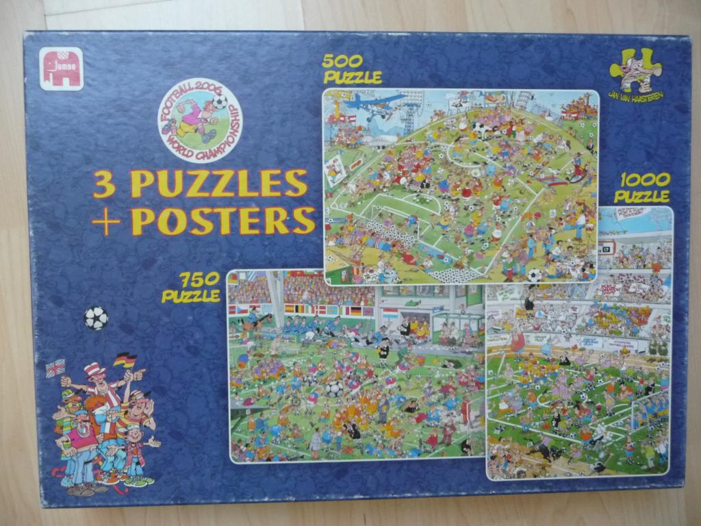 Jan van Haasteren – 3 puzzels in doos voetbal, Ophalen of Verzenden, 500 t/m 1500 stukjes, Gebruikt