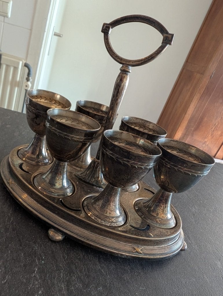 Vintage verzilverde eierdopjes set met houder, Gebruikt, Overige merken, Overige typen, Vintage