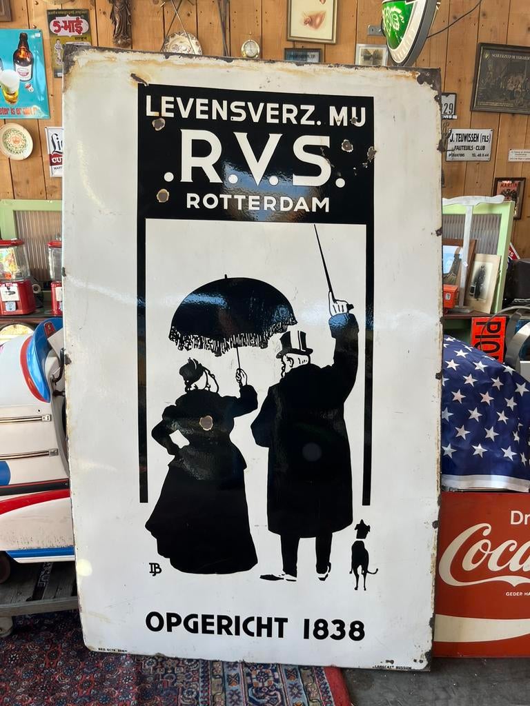 R.V.S. emaille reclamebord XL Langcat Bussum Rotterdam, Verzamelen, Merken en Reclamevoorwerpen, Gebruikt, Reclamebord, Ophalen
