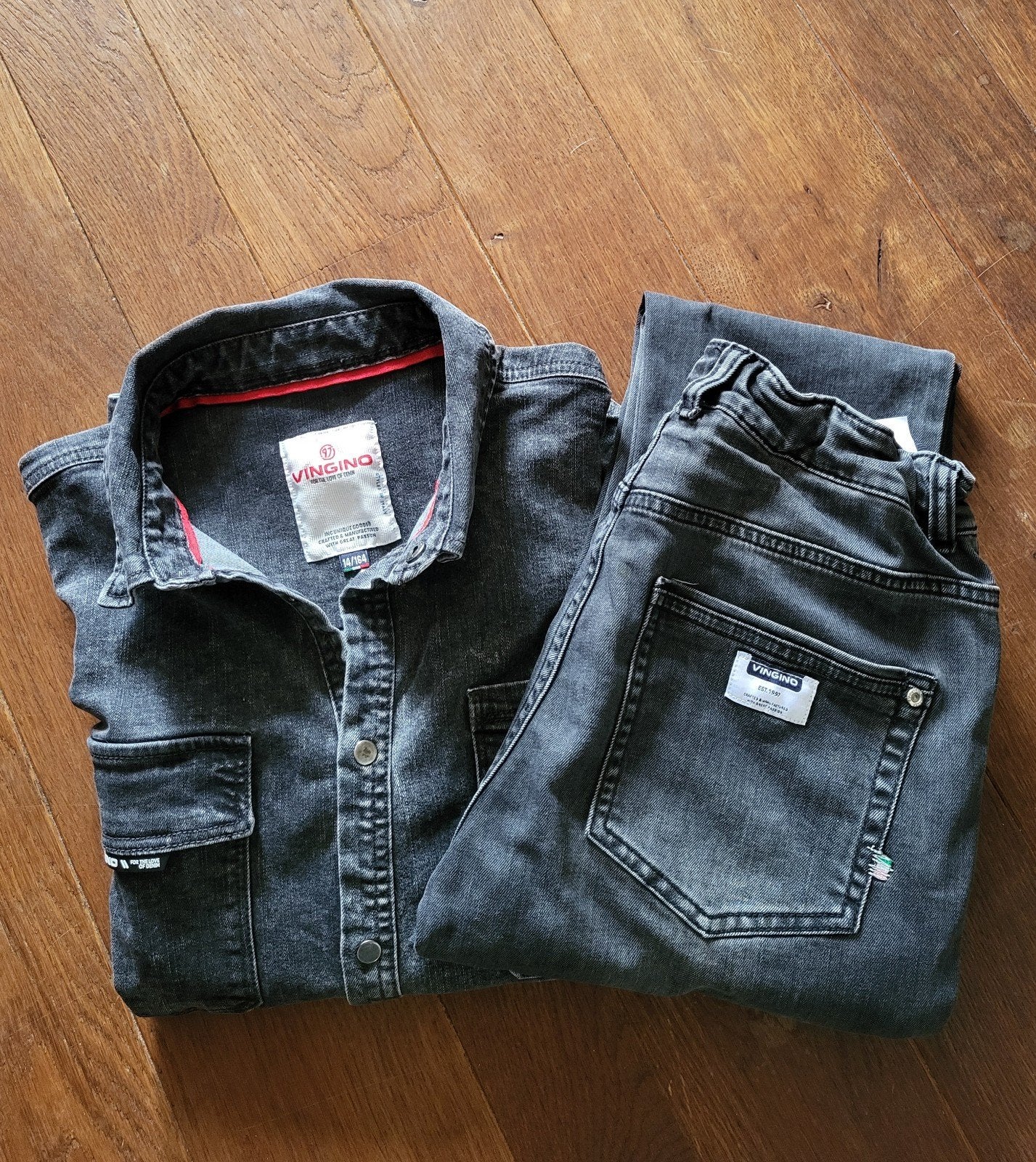 Vingino,  spijkerblouse en cargospijkerbroek,  zwart, mt 164, Ophalen of Verzenden, Zo goed als nieuw, Vingino, Jongen of Meisje