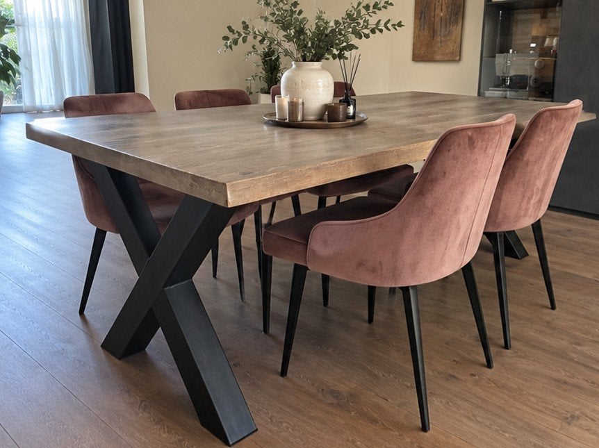 Robuuste massief houten eettafel 200x100 – zwarte X-poten, Huis en Inrichting, Tafels | Eettafels, Modern, Industrieel, Zo goed als nieuw