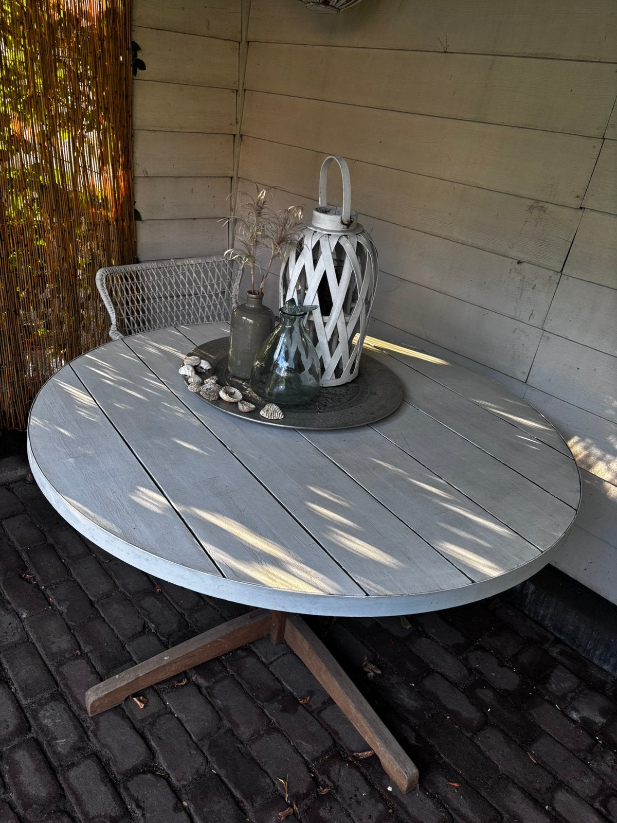 Ronde witte houten tafel met houtkleurige poot (Ø 130 cm), Ophalen, Gebruikt, Rond, Hout