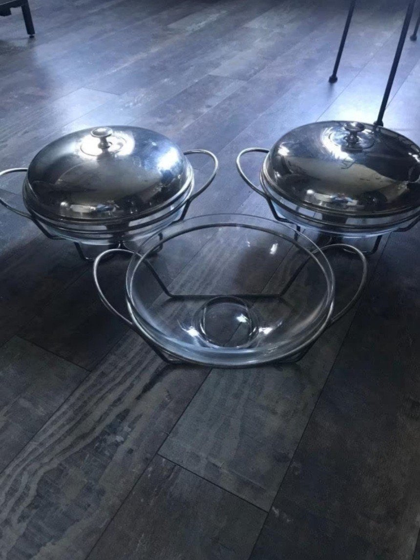Vintage Glazen Serveerschalen met Rechaud, Ophalen of Verzenden, Gebruikt, Glas, Overige typen