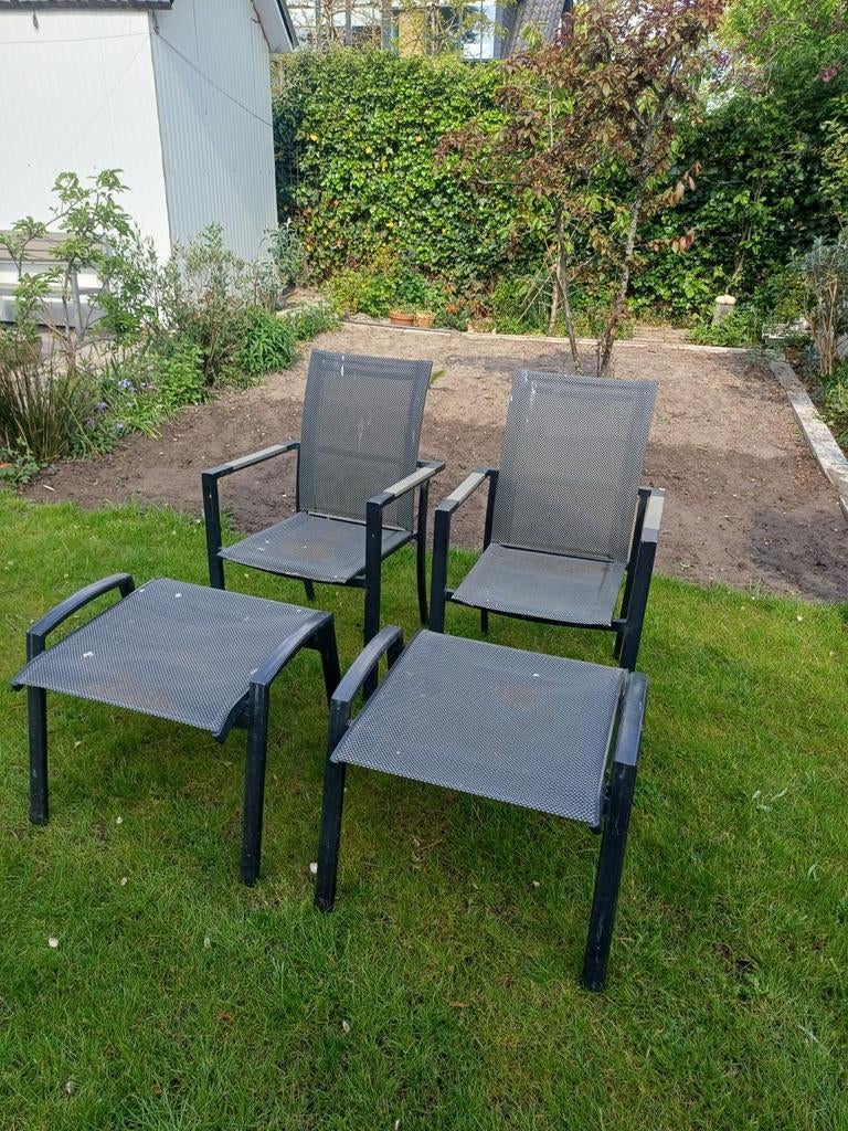 2 Aluminium Buitenstoelen met Voetenbankjes - Intratuin, Tuin en Terras, Tuinstoelen, Ophalen, Gebruikt, Aluminium