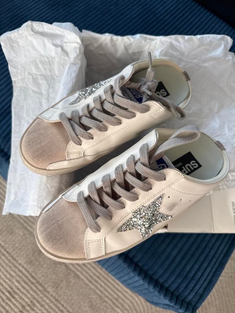 Size 38, Golden Goose Super-Star Sneakers met Glitterster, Ophalen of Verzenden, Zo goed als nieuw, Wit, Sneakers of Gympen