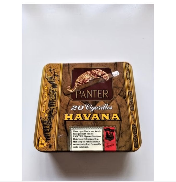 vintage panter 20 havana  cigarillo's sigarenblik/leeg, Ophalen of Verzenden, Gebruikt, Tabaksdoos of Verpakking