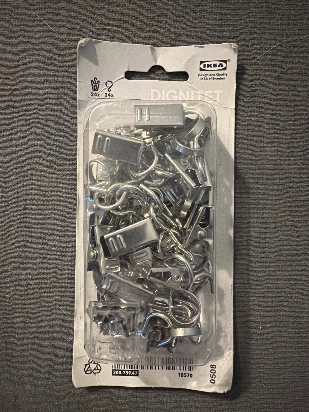 IKEA Dignitet gordijnringen met clips, 24 stuks, Met haken, Metaal, Nieuw, Ophalen of Verzenden