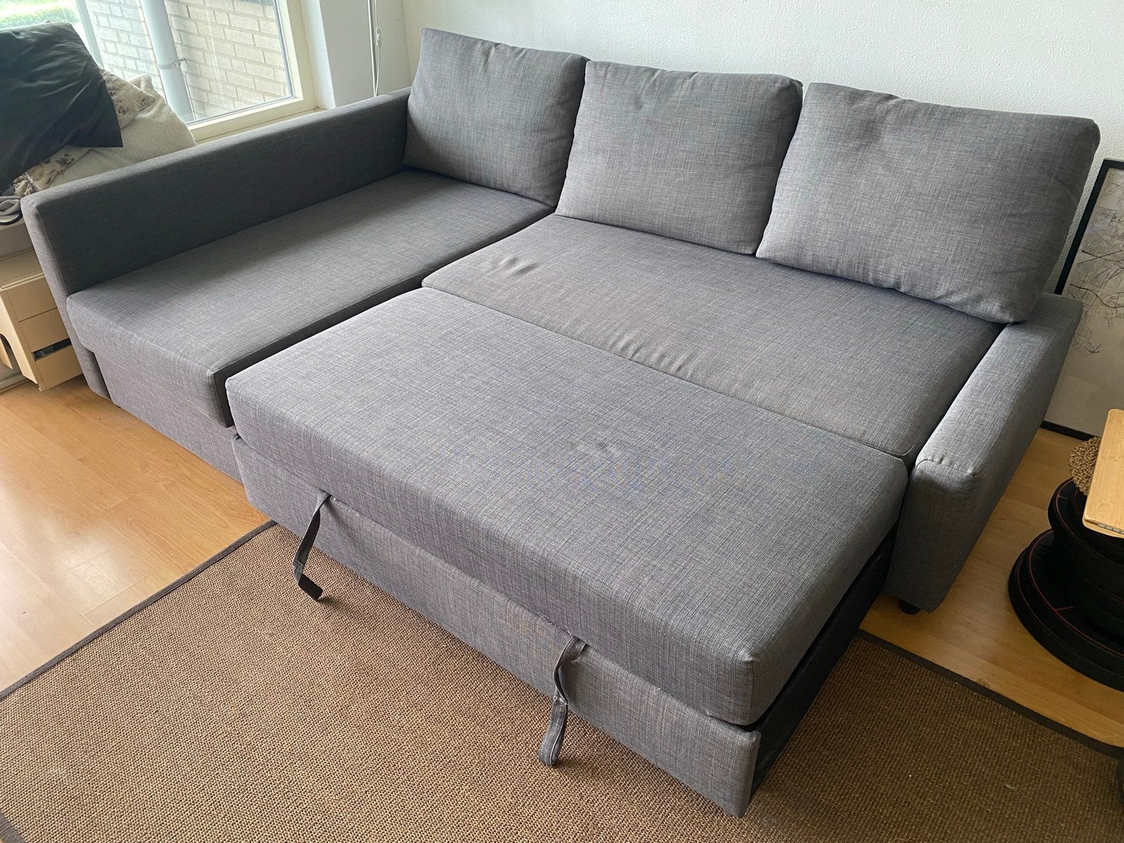 IKEA Friheten Hoekslaapbank met opberger - Donkergrijs, Ophalen, Gebruikt, Tweepersoons, Grijs