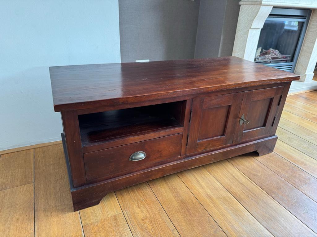 Teak houten tv-meubel met lade en deurtjes, Ophalen, Gebruikt, 100 tot 150 cm, Teakhout