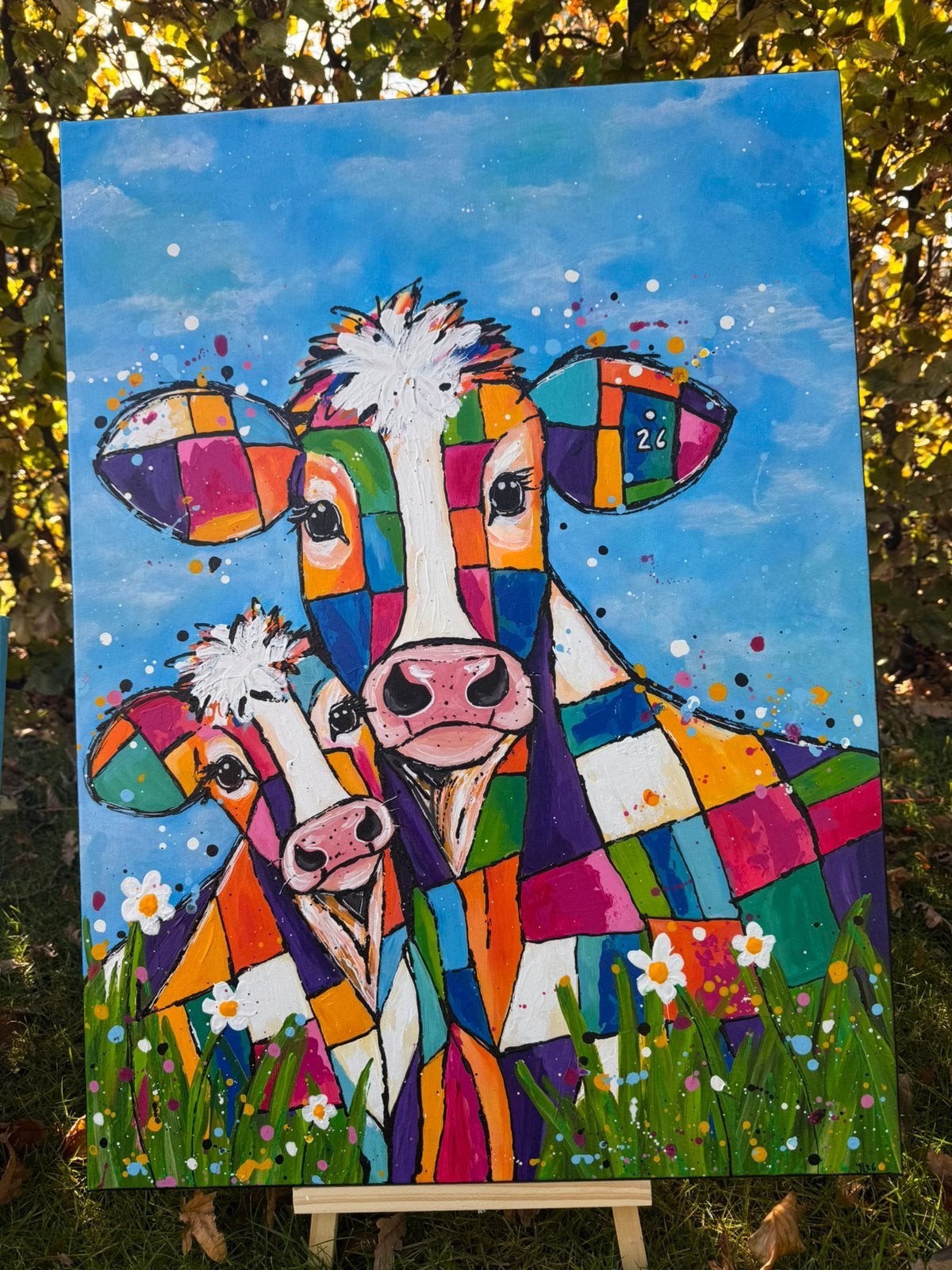 Bonte koe, koeien schilderij met kalf, Ophalen