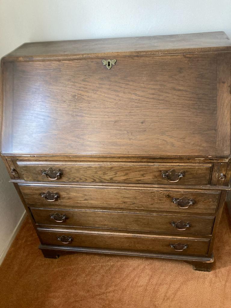 Antiek eikenhouten secretaire met 3 lades, Ophalen