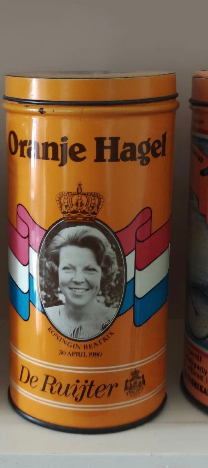 Vintage De Ruijter Oranje Hagel blik Koningin Beatrix 1980, Ophalen of Verzenden, Gebruikt, Nederland, Overige typen