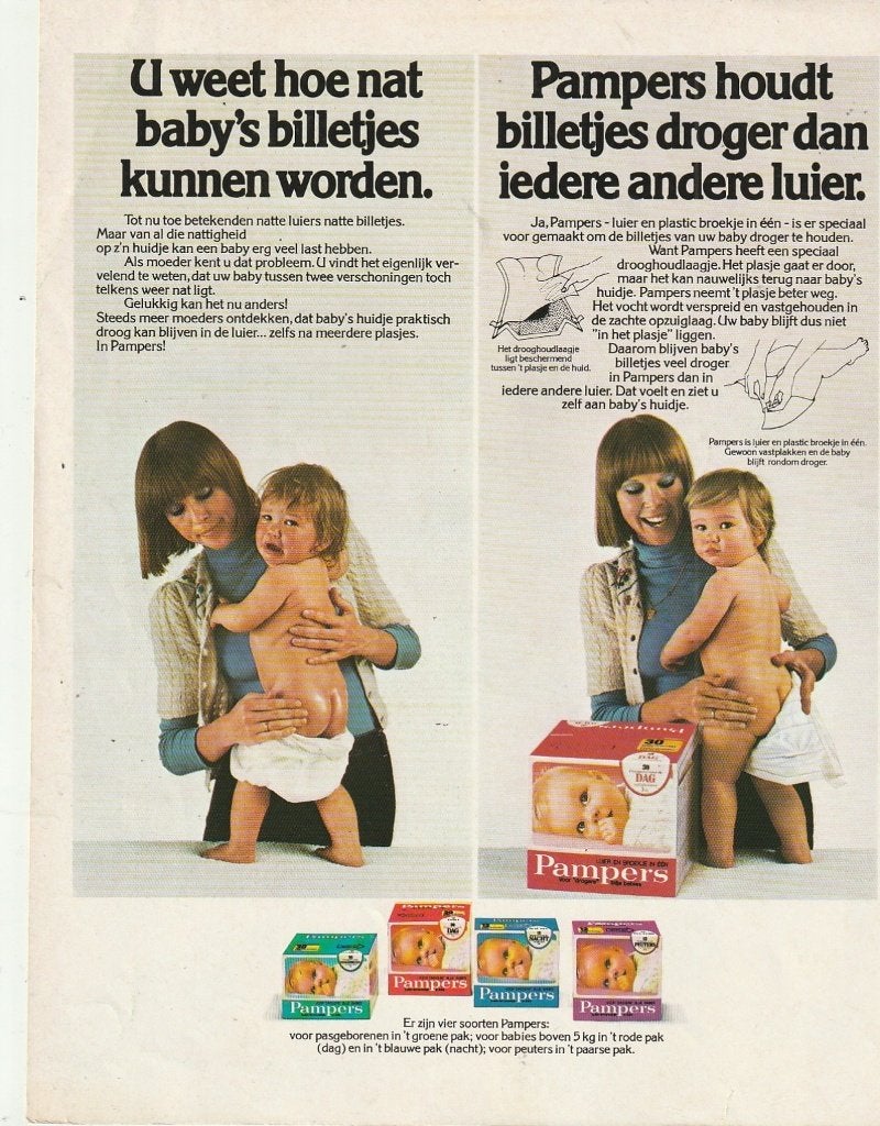 Retro reclame 1976 Pampers baby luiers nog in 4 kleuren, Verzamelen, Verzenden, Overige typen