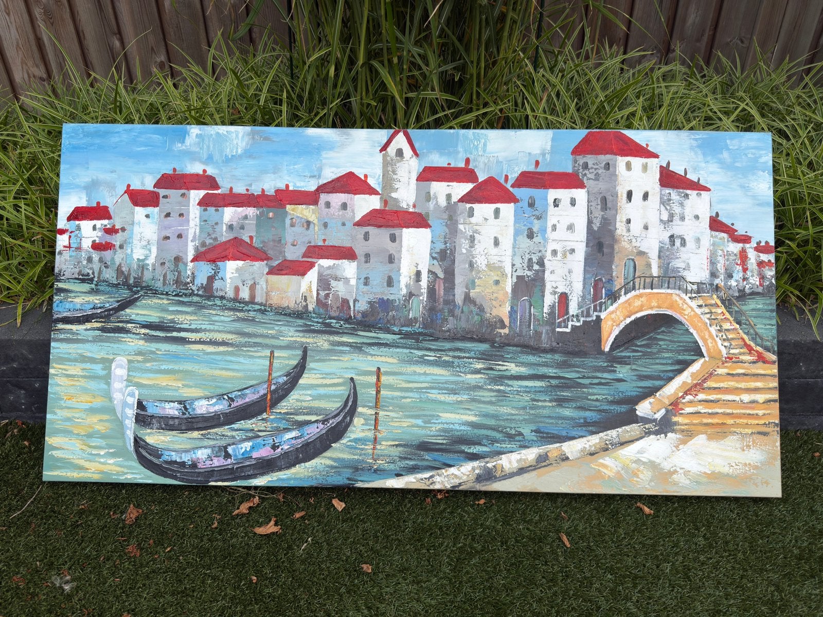 Schilderij Venetië gondels 140x70 cm acryl op canvas, Ophalen, Op houten frame, Acrylverf, Stadsgezicht