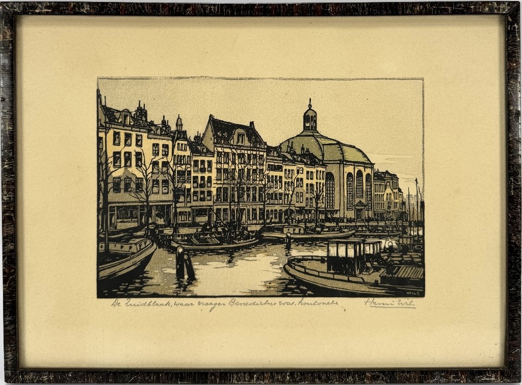 1352. Houtsnede, stadsgezicht Rotterdam, ca. 1930, Antiek en Kunst, Kunst | Etsen en Gravures, Ophalen, 1900 - 1949
