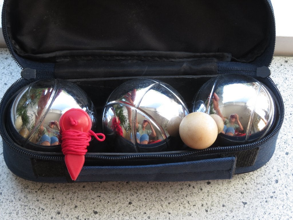 Jeu de Boules 3 metalen ballen + houten balletje + meetlint, Ophalen of Verzenden, Gebruikt