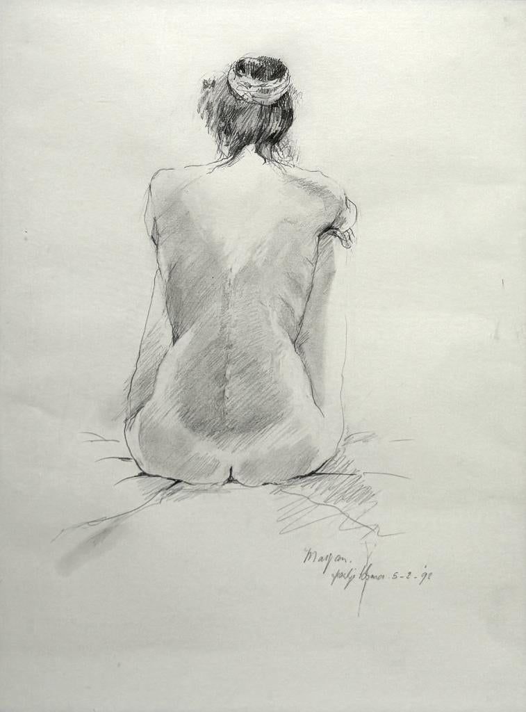 316. Potloodtekening - achterzijde zittende naakte vrouw