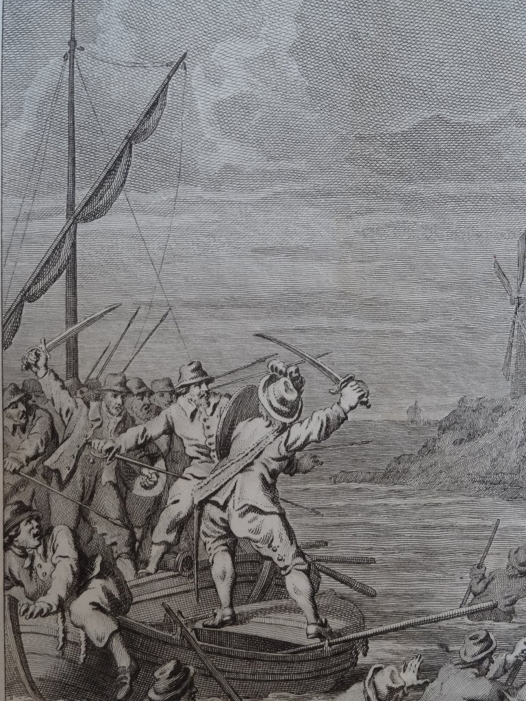 gravure Jan v. Galen verdedigt zich tegen 20 rovers 18e eeuw, Antiek en Kunst, Dagelijks leven, Ophalen of Verzenden, Gravure