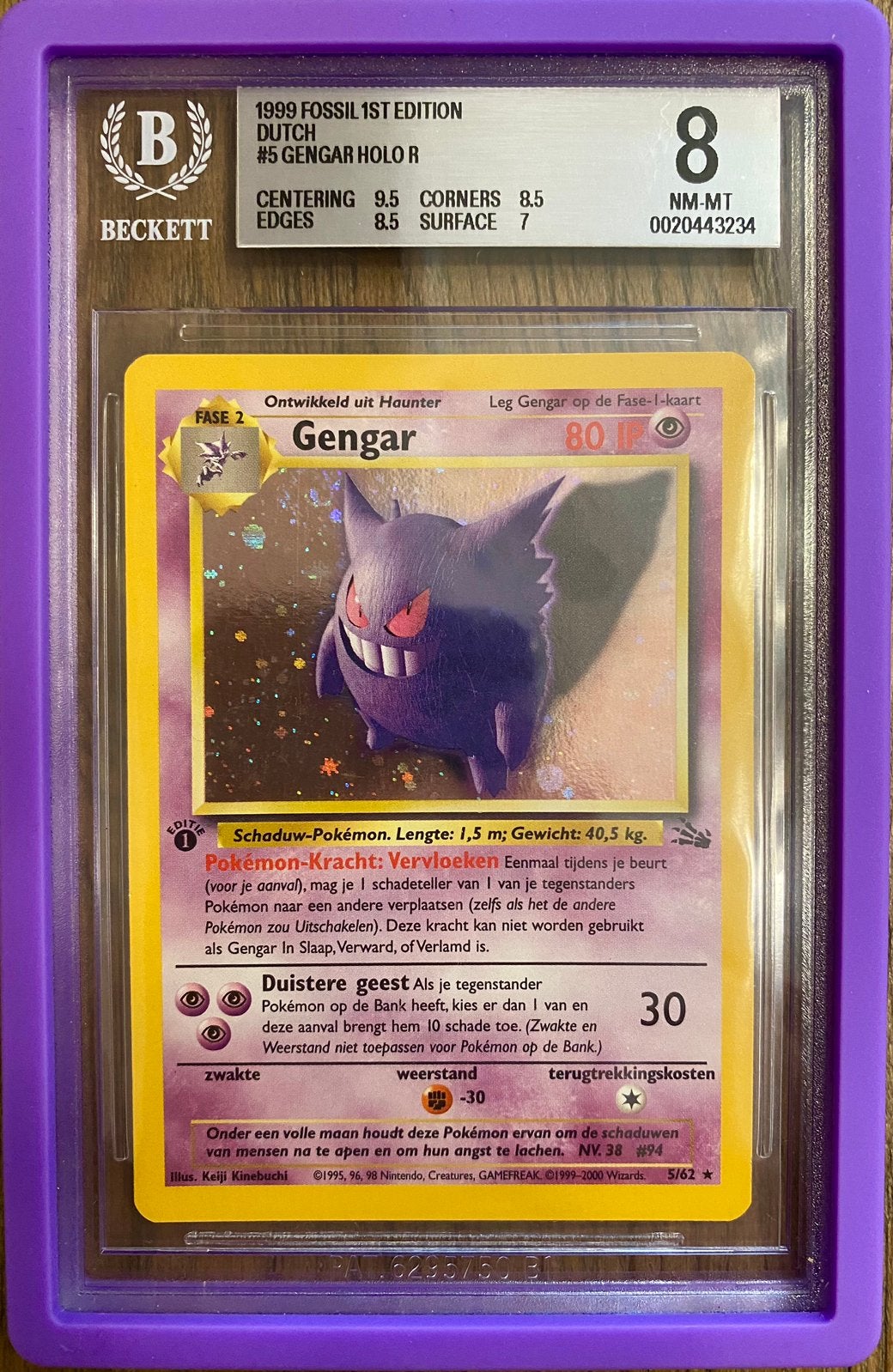 Near Mint Fossil Gengar holo 1st edition Dutch graded 8, Ophalen of Verzenden, Nieuw, Losse kaart, Foil