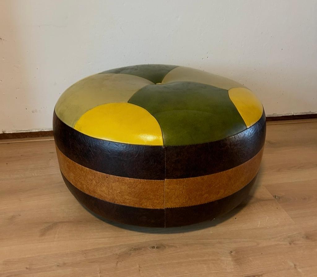Vintage Retro Patchwork Poef - Leer, Ophalen, Gebruikt, Rond, 50 tot 75 cm