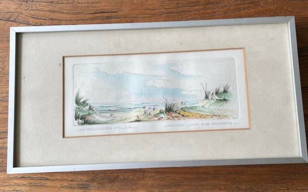 Ingelijste aquarel: Holland, kust met duinen, Antiek en Kunst, Kunst | Etsen en Gravures, Ophalen of Verzenden