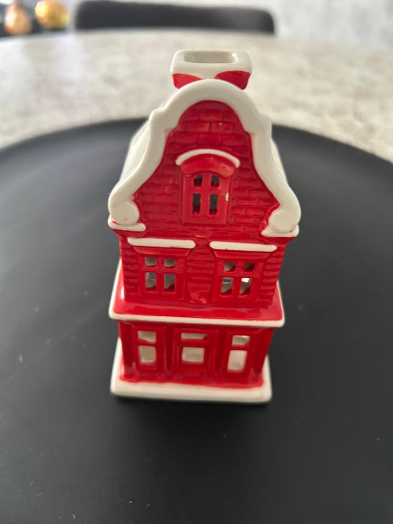 Kersthuisje rood-wit, theelichthouder, Huis en Inrichting, Woonaccessoires | Overige, Gebruikt, Overige stijlen, Ophalen of Verzenden