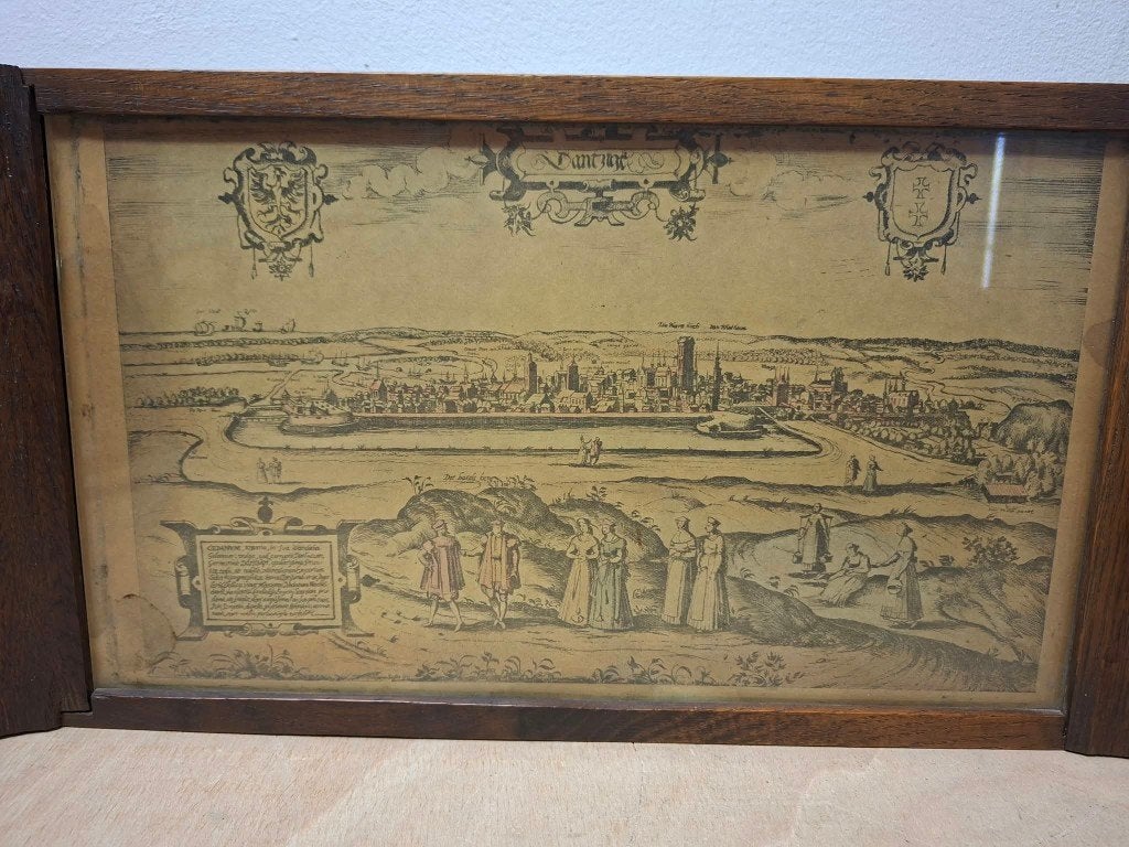 Antieke stadprent Danzig (Gdańsk) – kopergravure 16e eeuw, Antiek en Kunst, 25 cm, Stadsgezicht, 50 cm, Gravure