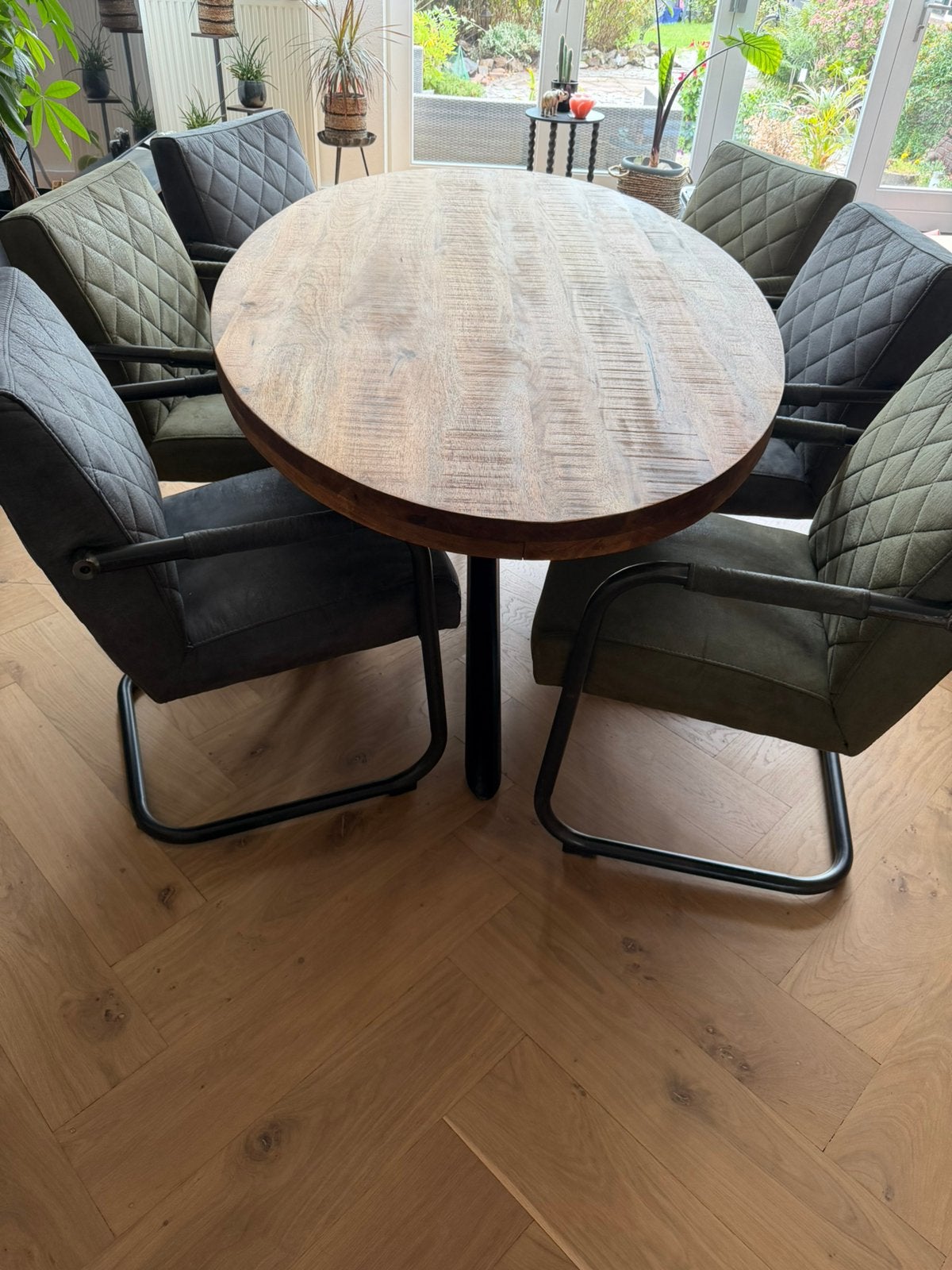 Ovaal Mango eettafel met 6 eetkamer stoelen, Ophalen, 200 cm of meer, 50 tot 100 cm, Zo goed als nieuw