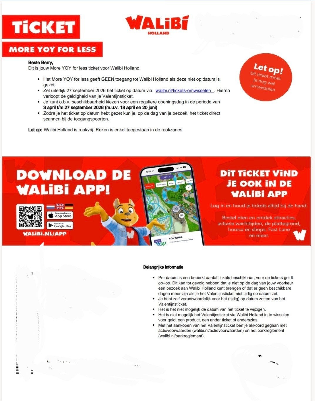 4 tickets en parkeerticket voor Walibi Holland, Tickets en Kaartjes, Drie personen of meer, Ticket of Toegangskaart
