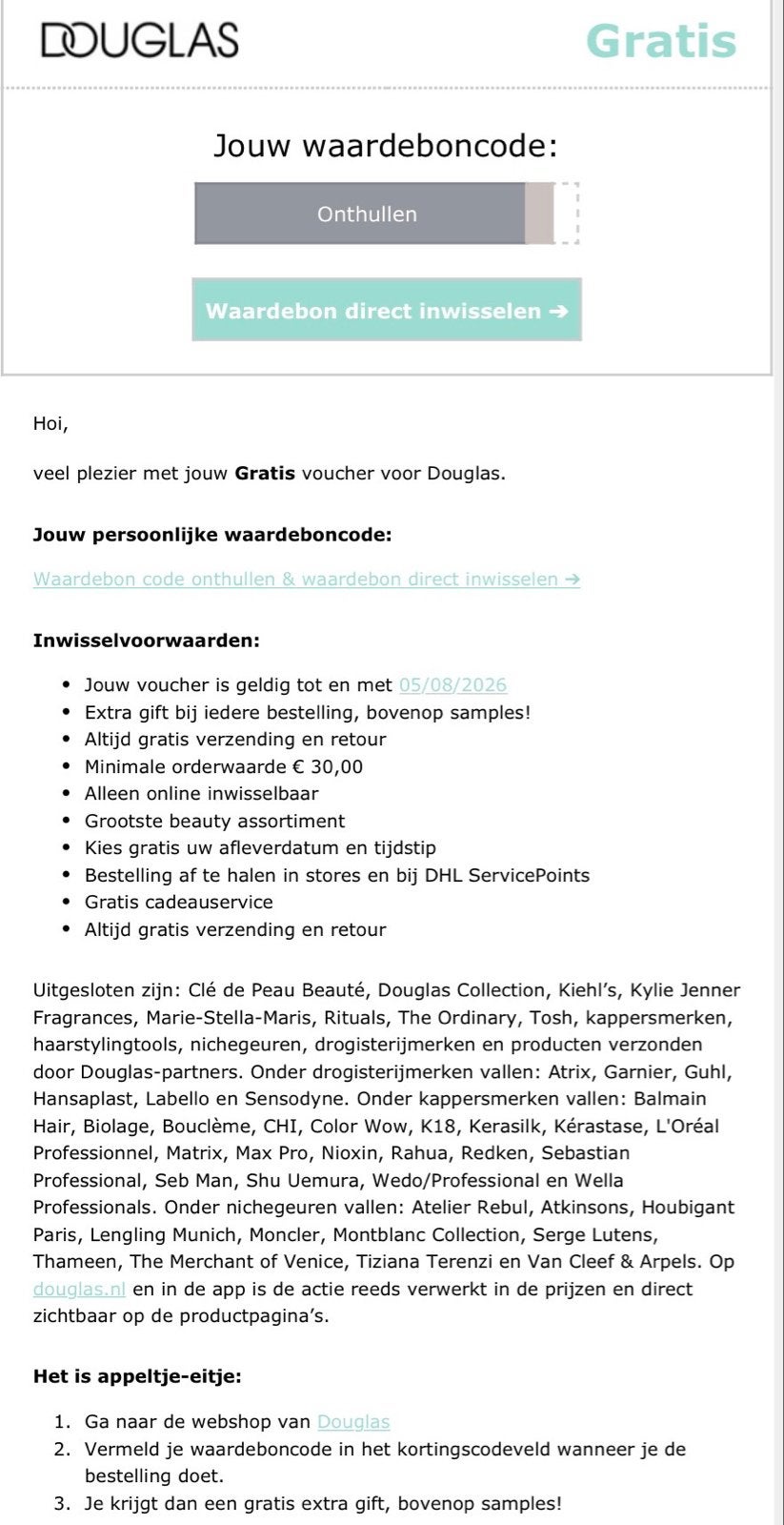 Douglas gratis cadeau bij aankoop, Tickets en Kaartjes, Eén persoon, Kortingsbon